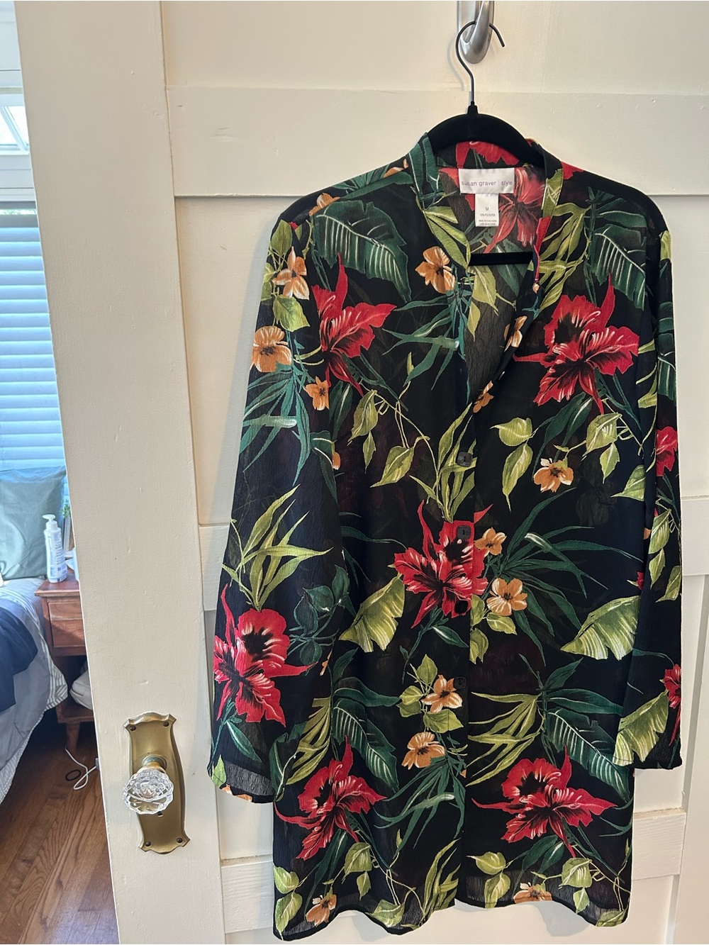 Susan Graver Black Button-Front Shirt with Red & Green Floral Print